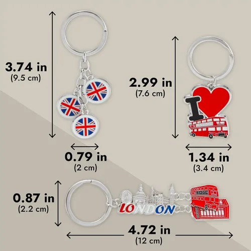 Vista 4 de Paquete de 6 llaveros de Londres, regalos de recuerdo, llaveros con bandera británica del Reino Unido, cabina de teléfono, Big Ben, autobús de dos