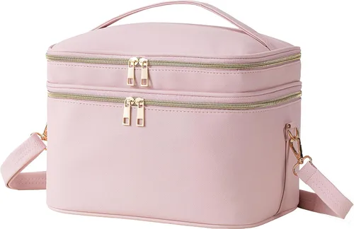 Vista 8 de HBlife Bolsa de maquillaje de viaje de doble capa, portátil, bonita bolsa de cosméticos de cuero, bolsa de maquillaje grande, estuche organizador