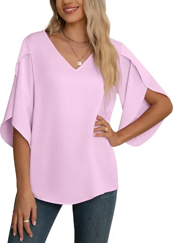 Vista 36 de Blusas de gasa con mangas 3/4 arrugadas de otoño para mujer de Jouica 01amy Verde