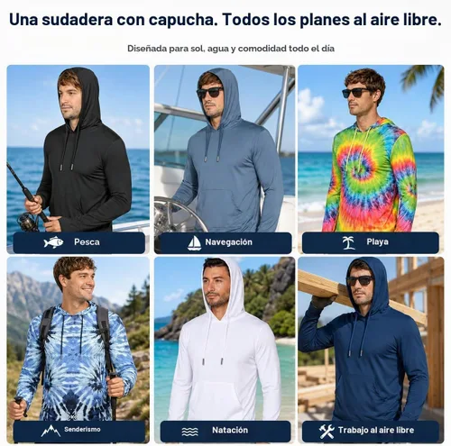 Vista 7 de INGEAR Sudadera con capucha UPF 50+ para hombre, ligera, con protección UV, de secado rápido, absorbe la humedad, con bolsillo Negro