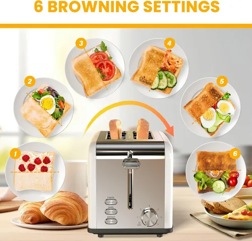 Vista 6 de Simple Deluxe Tostadora de 2 rebanadas, 3 funciones y 6 ajustes de tostado, ranura extra ancha y bandeja extraíble para migas, para pan y gofre