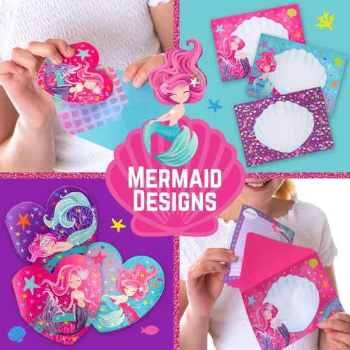 Vista 4 de GirlZone Juego de papelería de sirena, 45 piezas, papel blanco, juego de escritura de sirena y kit de escritura de letras para niños