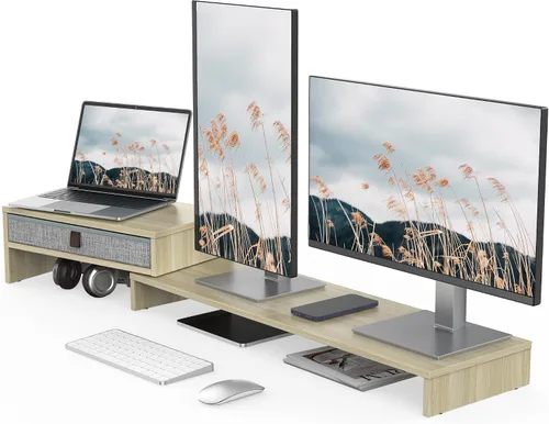 Vista 10 de Fenge - Soporte elevador para monitor de computadora con cajón para 2 o 3 monitores, soporte de escritorio ajustable en longitud y ángulo para Negro