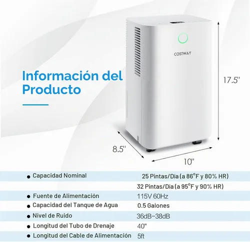 Vista 7 de COSTWAY Deshumidificador de 2,000 pies cuadrados para el hogar, deshumidificador de 32 pintas con 3 modos, 2 velocidades, panel de control táctil