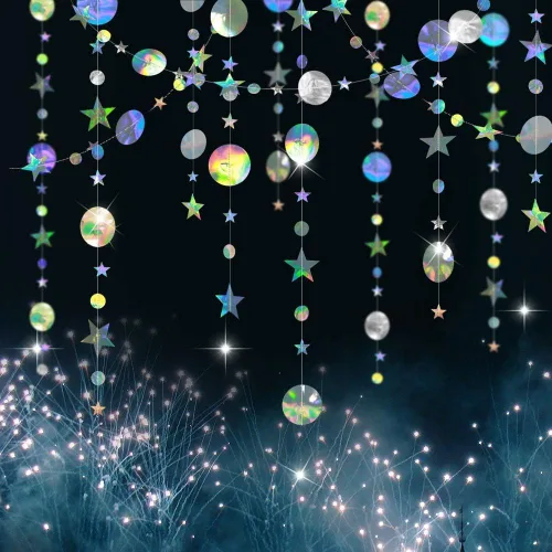 Vista 5 de Cheerland Decoraciones de Fiesta Iridiscentes Guirnalda de Estrellas Holográficas Estrellas Colgantes Luna Serpentina Galaxia Decoración