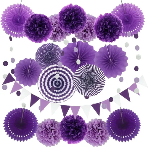 Vista 14 de Zerodeco - Decoración de fiesta, 21 piezas de abanicos de papel, pompones flores, tiras de cuerdas de lunares y banderines triangulares