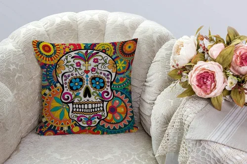 Vista 2 de SSOIU Fundas de almohada de lino y algodón con diseño de calavera de azúcar para exteriores, fundas de cojín cuadradas estándar para sofá o cama, 18