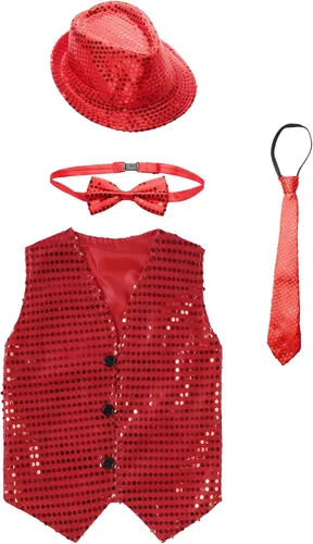Vista 3 de TiaoBug Chaleco de lentejuelas para niños y niñas, chaleco de fiesta de coro, chaqueta de hip hop, jazz, danza callejera, camiseta con sombrero