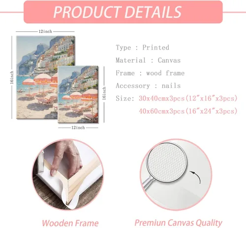 Vista 5 de HNNXAR Amalfi Coast - Lienzo decorativo para pared, pintura italiana de playa, pintura artística italiana, fruta, champán, juego de 3, decoración