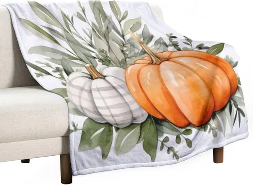 Vista 49 de Manta de lana cuadriculada con diseño de calabaza, hojas de arce, Acción de Gracias, manta de cama para otoño, Acción de Gracias, ligera, súper