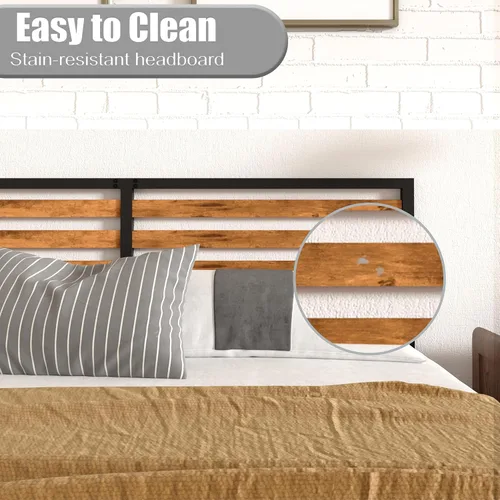 Vista 11 de Marco de cama de tamaño matrimonial con combinación de madera y metal, plataforma estable con soporte de listones de acero, cama doble, no necesita