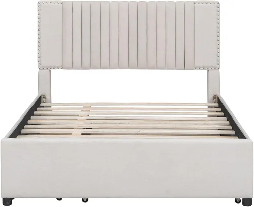 Vista 8 de MERITLINE Base de cama de tamaño matrimonial de madera con nido y cajones de almacenamiento, plataforma tapizada con cabecera y soporte de listones