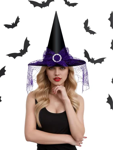 Vista 20 de Edoneery Sombrero de bruja de Halloween para mujer, encaje de malla, accesorio de disfraz de mago para fiestas de cosplay