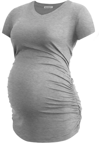 Vista 4 de Smallshow Ropa de maternidad con cuello en V para mujer, camiseta de embarazo fruncida lateral