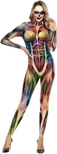Vista 22 de Sister Amy Disfraz de esqueleto de calavera para mujer de Halloween, traje ajustado de una pieza J-colorido esqueleto