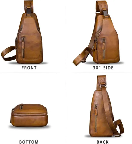 Vista 4 de Bolso bandolera de cuero genuino para hombre, hombro en el pecho, mochila de senderismo vintage hecha a mano, Marrón, senderismo