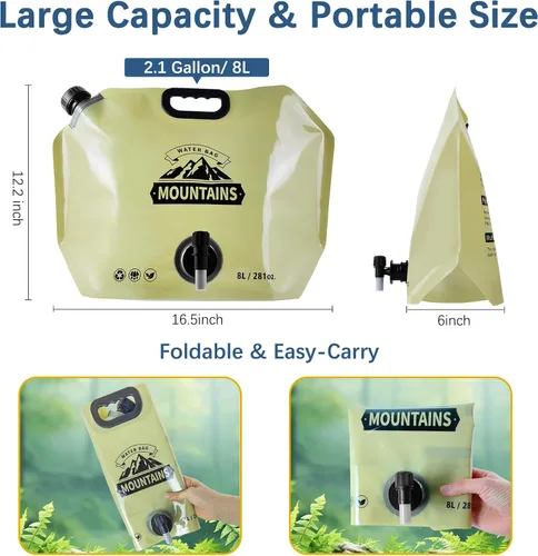 Vista 2 de Jarra de agua plegable de 2.1 galones con espita, bolsa de agua portátil sin BPA, bolsas de agua plegables para senderismo al aire libre, viajes