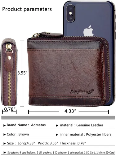 Vista 34 de Admetus Billeteras con bloqueo RFID para hombre, billetera de cuero con cremallera para hombres con tarjetero RFID plegable