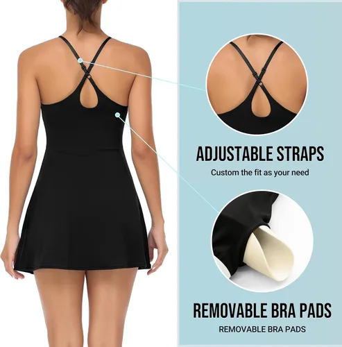 Vista 4 de Workout Tennis Dress for Women with Built-in Bra Shorts, Adjustable Shoulder Straps and Pockets
