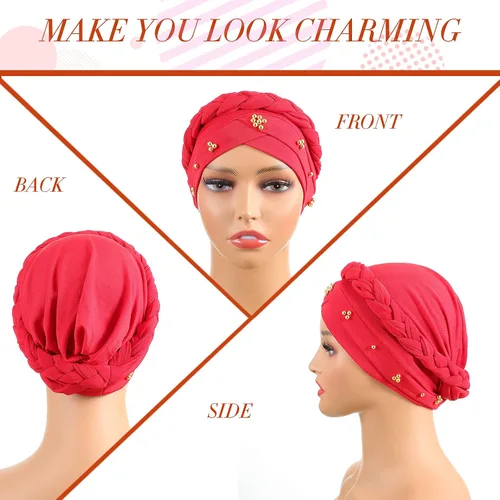 Vista 2 de 6 Pieces Women African Turban Head Wraps Caps Twisted Braid Beaded Elastic Wrap Cap