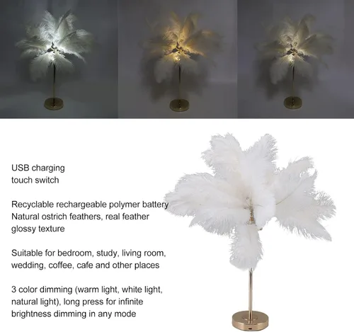 Vista 5 de ASHATA Lámpara de plumas con interruptor táctil, lámpara de mesa de plumas, interruptor táctil, lámpara de plumas de avestruz USB, lámpara