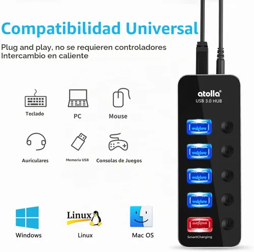 Vista 5 de Concentrador USB con alimentación, atolla Concentrador USB de aluminio de 5 puertos USB 3.0 con 4 puertos de datos USB 3.0 y 1 puerto de carga