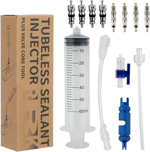 Vista 2 de RRK Herramienta para neumáticos de bicicleta sin cámara, kit de reparación y jeringa inyectora selladora con kit de herramientas de extracción