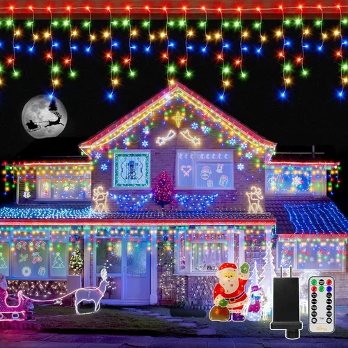 Vista 10 de Ollny Luces de Carámbano para Exteriores Blanco Frío, 600LED 49FT Luces de Navidad con Control Remoto 8 Modos Regulables, Impermeable Conectable