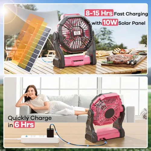 Vista 2 de Ventilador solar de 30000 mAh con linterna LED, panel solar recargable de 10 W, ventilador de camping para exteriores, portátil de 9 pulgadas Rosa