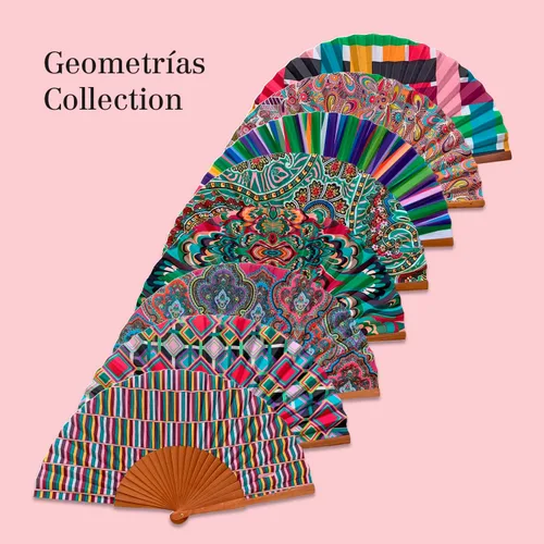 Vista 4 de Spanish Balance Fan - Wood and Cotton - 23 cm - Jute Case and Case - Fashion Accessory - Handmade in Spain - Events and Gifts - Geometries