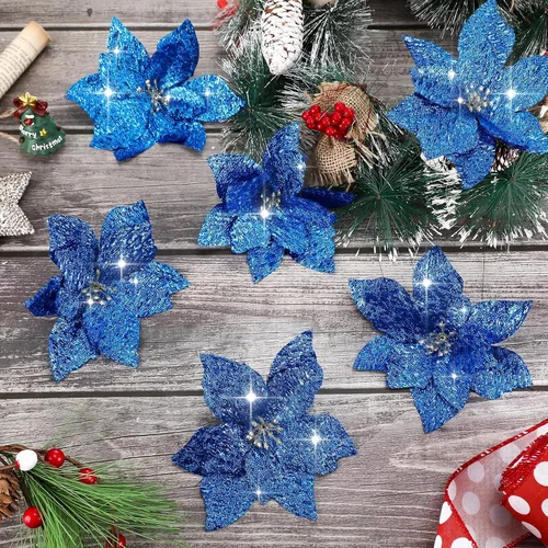 Vista 7 de Syhood 30 Piezas Flores de Pascua con Purpurina de 5.1 Pulgadas Adornos para Árbol de Navidad Flores de Pascua Artificiales para Boda Flores