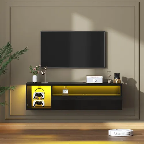 Vista 4 de DlandHome Soporte flotante para TV con luz LED, consola multimedia de 39.3 pulgadas, estante flotante para debajo del televisor con estante