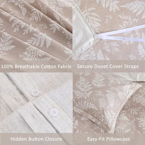 Vista 4 de ALEISSEL Juego de funda de edredón de 2 piezas de 100 % algodón natural, funda de edredón beige rubor con lujosos estampados de hojas blancas rotas