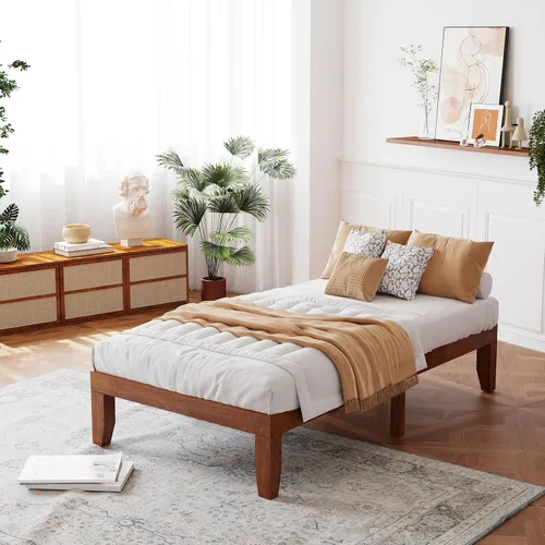Vista 19 de Giantex Marco de Cama de Plataforma de Madera Individual de 14 Pulgadas, Base de Colchón Minimalista con Madera de Caucho Sólida, Soporte