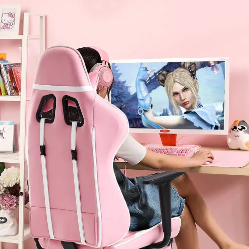 Vista 3 de Silla de oficina para videojuegos, silla de ordenador de respaldo alto, ergonómica para PC con soporte lumbar y reposapiés retráctil, de piel