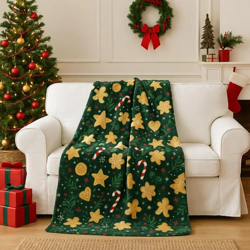 Vista 24 de Manta de Forro Polar para las Fiestas Navideñas: Corona Tradicional de Decoración del Hogar con Saludos Cheers Merry Peace Joy sobre Fondo Beige