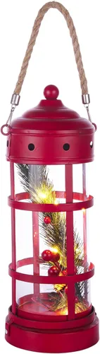 Vista 8 de Alpine Corporation Farol de Navidad de metal y vidrio de 13 pulgadas de alto con 8 luces LED blancas cálidas, temporizador integrado, decoración Rojo