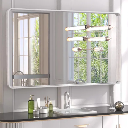 Vista 68 de Espejo de marco dorado cepillado de 16 x 24 pulgadas, espejo de tocador de baño de latón dorado para pared, espejo enmarcado rectangular de esquina