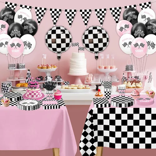 Vista 6 de Decoraciones de fiesta de cumpleaños de coche de carreras, suministros de fiesta de automóvil de carreras rosa para niñas, cumpleaños, baby shower