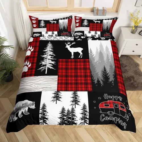 Vista 33 de Funda de edredón de oso de caza, tamaño individual, juego de ropa de cama rústica de animales del bosque para niños y niñas, funda de edredón a Oso