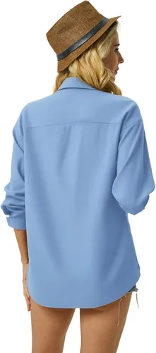 Vista 5 de Camisa de vestir con botones para mujer, blusas de manga larga, elásticas, casuales, para trabajo, con bolsillos