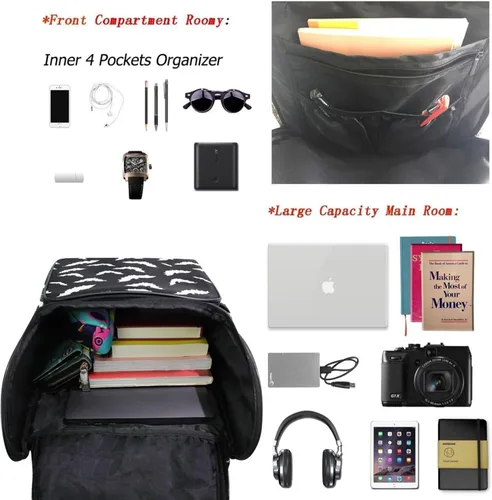 Vista 5 de Naanle Elegante diseño de murciélagos de Halloween, mochila grande para libros de escuela, mochila impermeable para computadora, mochila de viaje