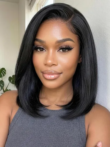 Vista 29 de KLAIYI Peluca de cabello humano con encaje frontal precortada 7x5, corte Bob en capas, corte romo, cordón sin pegamento, peluca predepilada