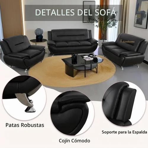 Vista 3 de A Ainehome Moderno juego de muebles de sala de estar de piel sintética, sofá modular de 6 asientos con sofá biplaza y silla (negro)