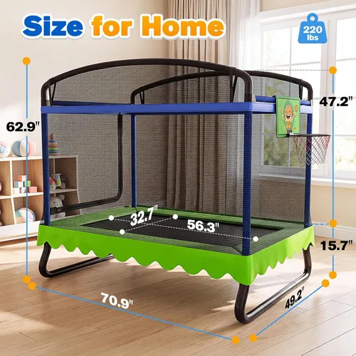 Vista 8 de Zupapa - Trampolín rectangular para niños de 4 x 6 pies con red de seguridad, aro de baloncesto, marco de doble capa resistente, trampolín cuadrado