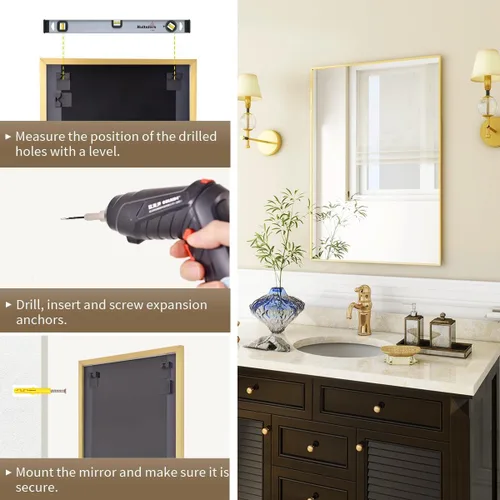 Vista 5 de BEAUTYPEAK Espejo de pared rectangular dorado de 24 x 36 pulgadas con marco de metal, se cuelga horizontal o vertical para sala de estar