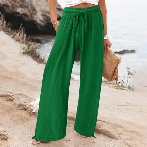 Vista 4 de SHAOBGE Pantalones palazzo de verano para mujer, cintura alta, pierna ancha, casual, cintura elástica, pantalones de playa con bolsillos