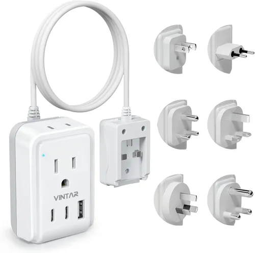 Vista 7 de VINTAR - Kit de adaptador de viaje universal, adaptador de enchufe internacional con 3 puertos USB (2 USB C, 3.4 A) y 2 salidas americanas, tipo A