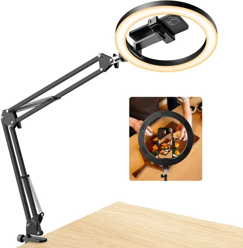 Vista 9 de Soporte de Montaje de Teléfono con Cámara Aérea y Anillo de Luz Mejorado para Escritorio, Evershop Luz para Selfie de 10" con Trípode para iPhone