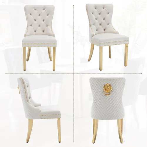Vista 8 de Juego de 2 sillas de comedor, patas de metal dorado, anillo de león sofisticado, color beige Beige (oro)